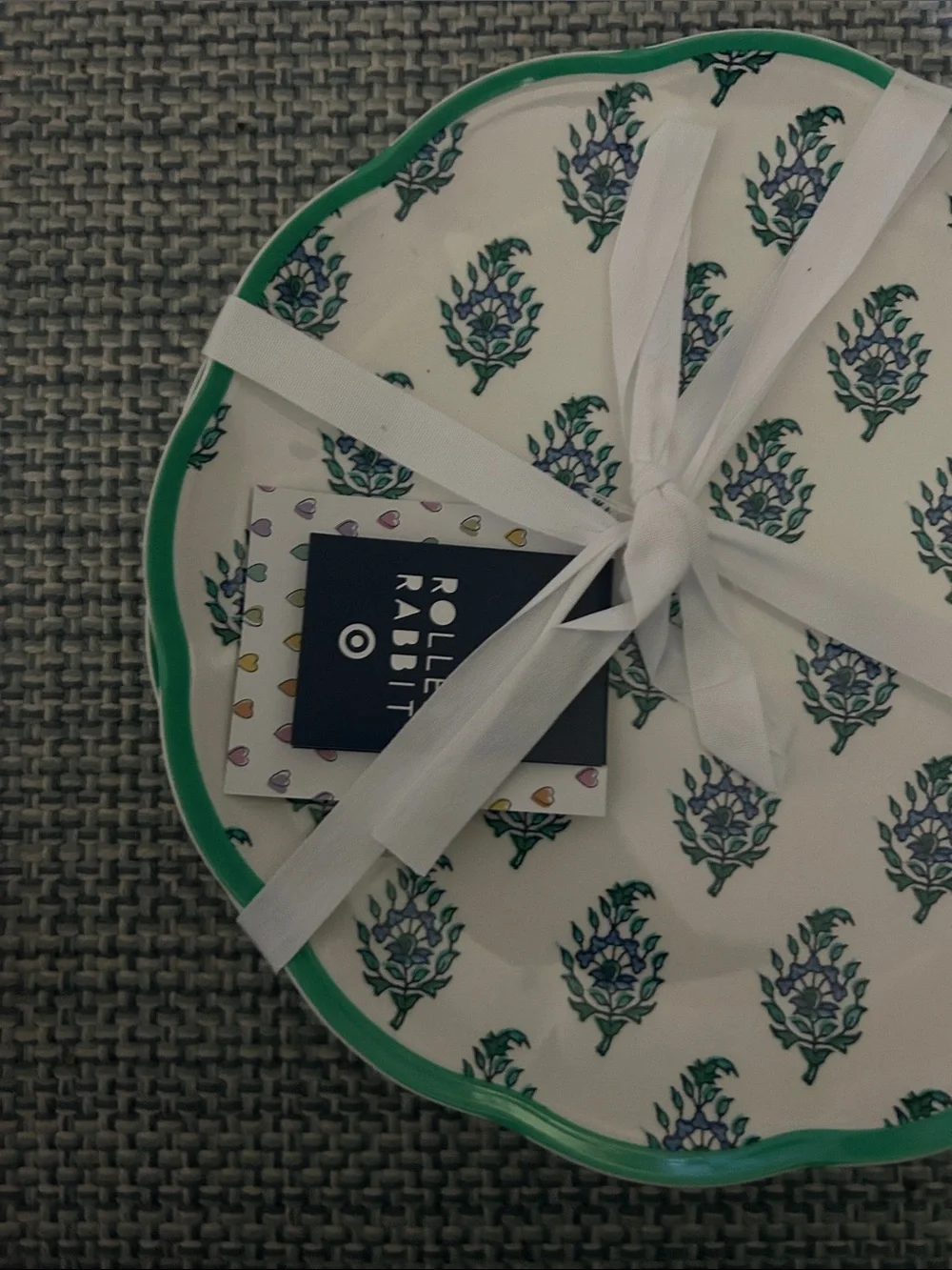 Roller Rabbit White Serving Plate with Green Trim and Floral Motif limited edit